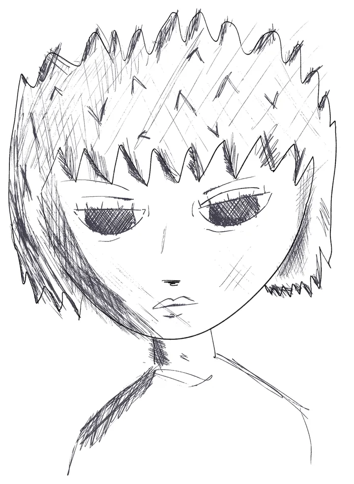 Dibujo a lápiz animado de un chico con el pelo en picos y la mirada caída.